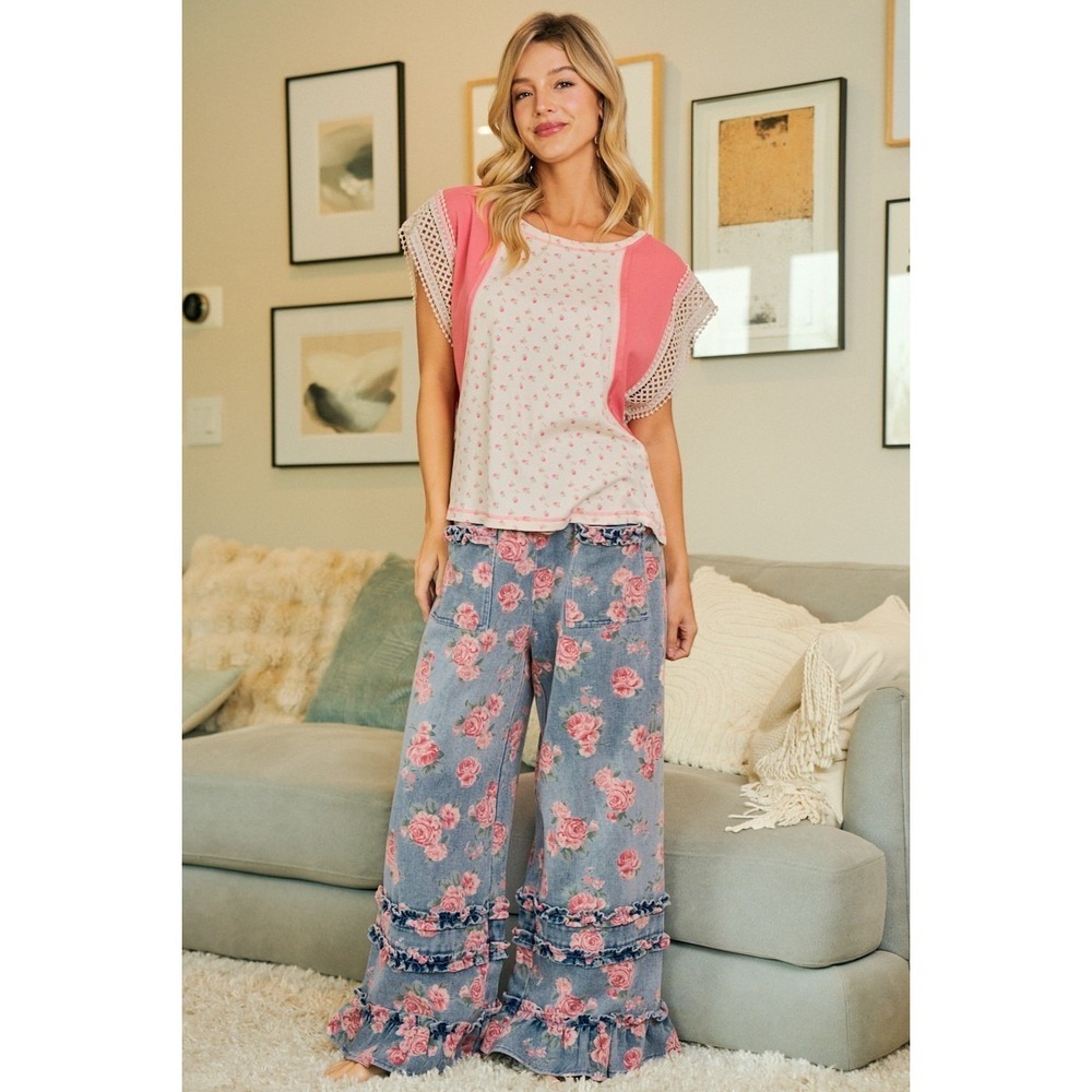 BiBi Washed Floral Denim With Ruffle Elastic Wide Pants - Small - Picture 13 of 16